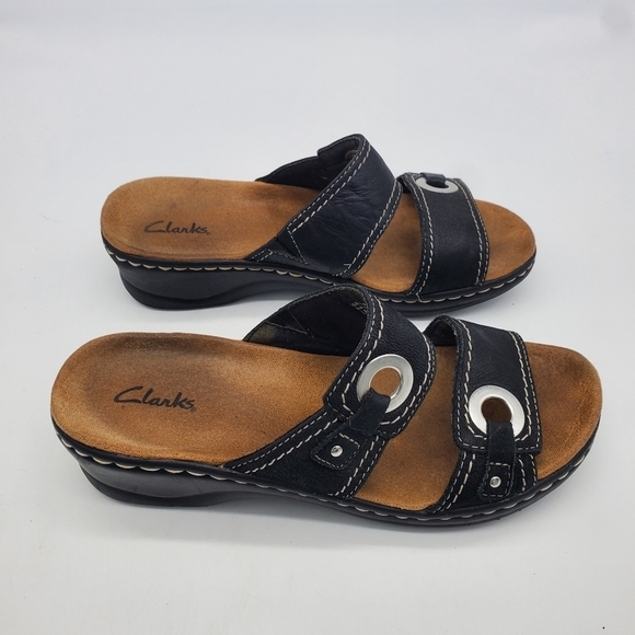 Clarks Shoes Women 7.5 W Sandal Lexi Willow Black 60391 Leather Bendables Slides - Picture 5 of 10